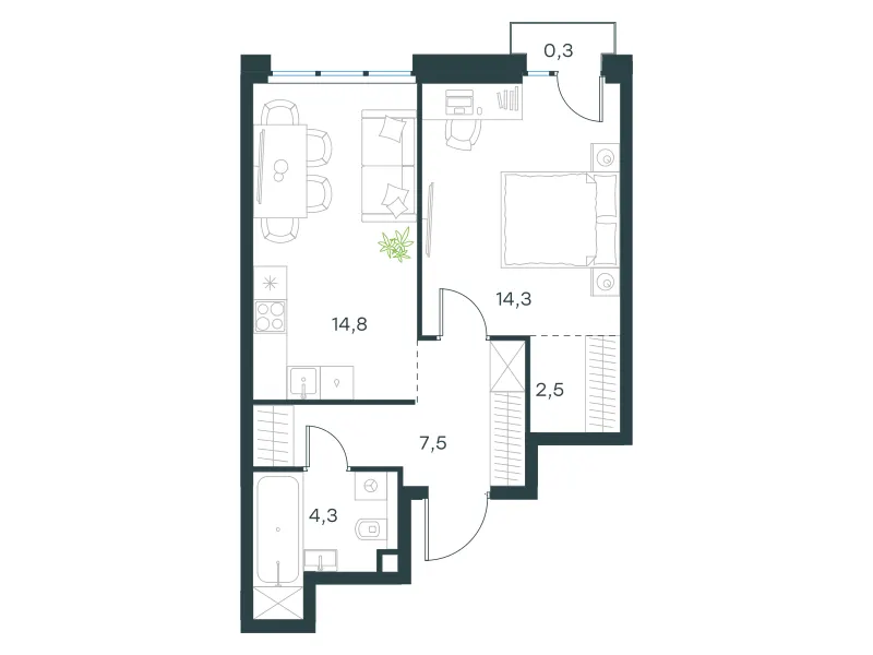 1-комн. 43.7 м²