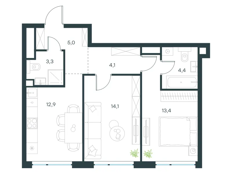 2-комн. 57.4 м²