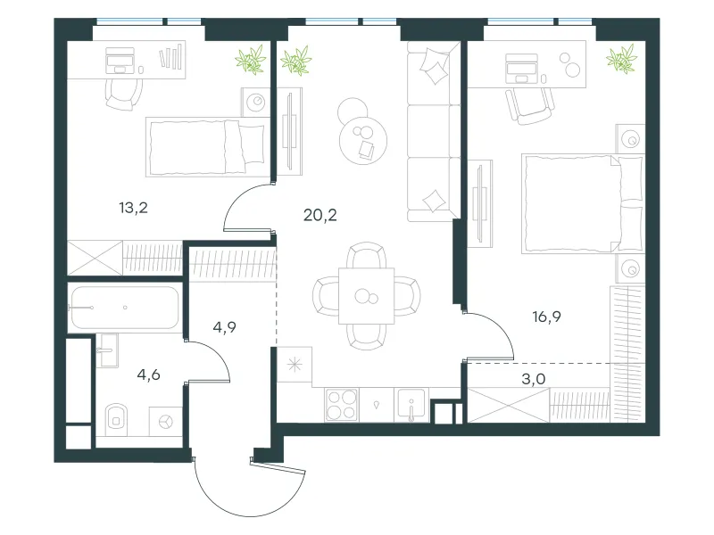 2-комн. 62.8 м²