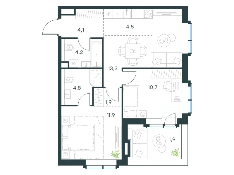 3-комн. 57.6 м²