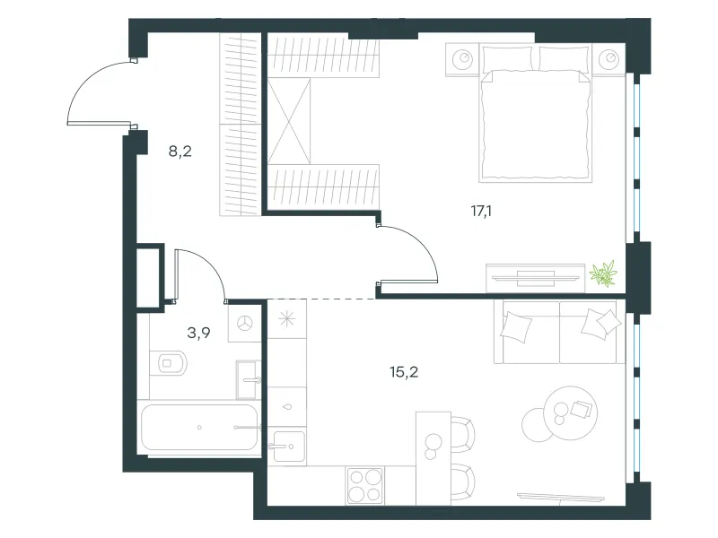 1-комн. 44.4 м²