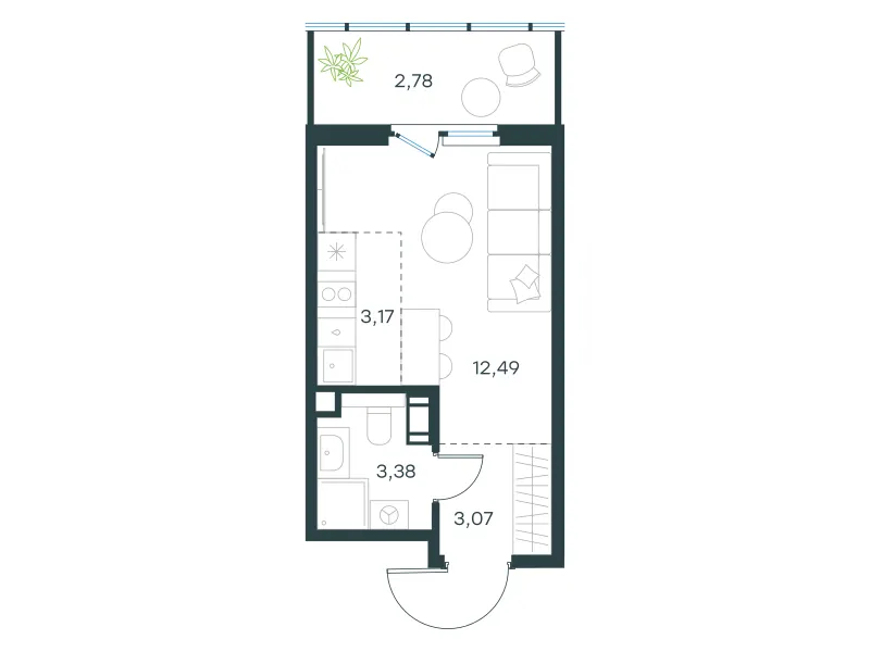 Студия 24.9 м²