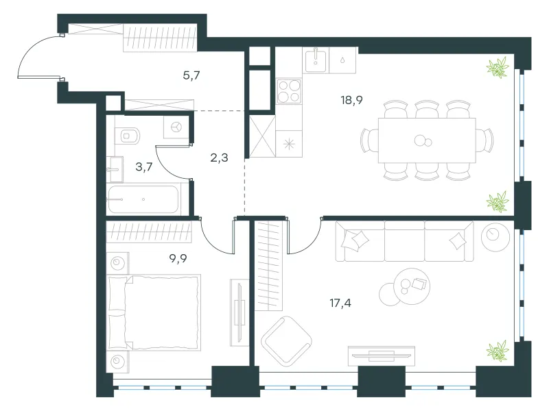 2-комн. 57.9 м²