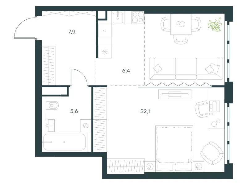 1-комн. 52 м²