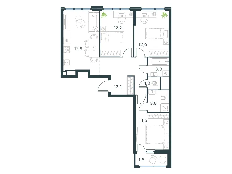 3-комн. 76.1 м²