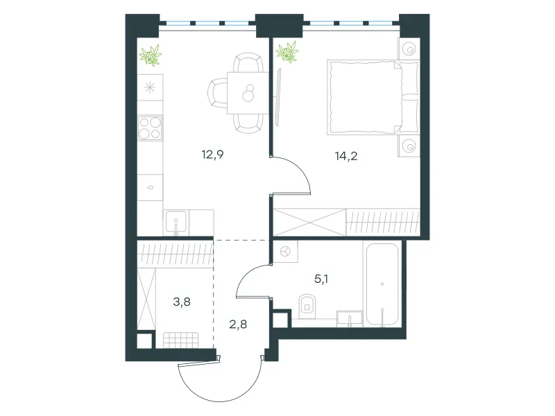 1-комн. 38.8 м²