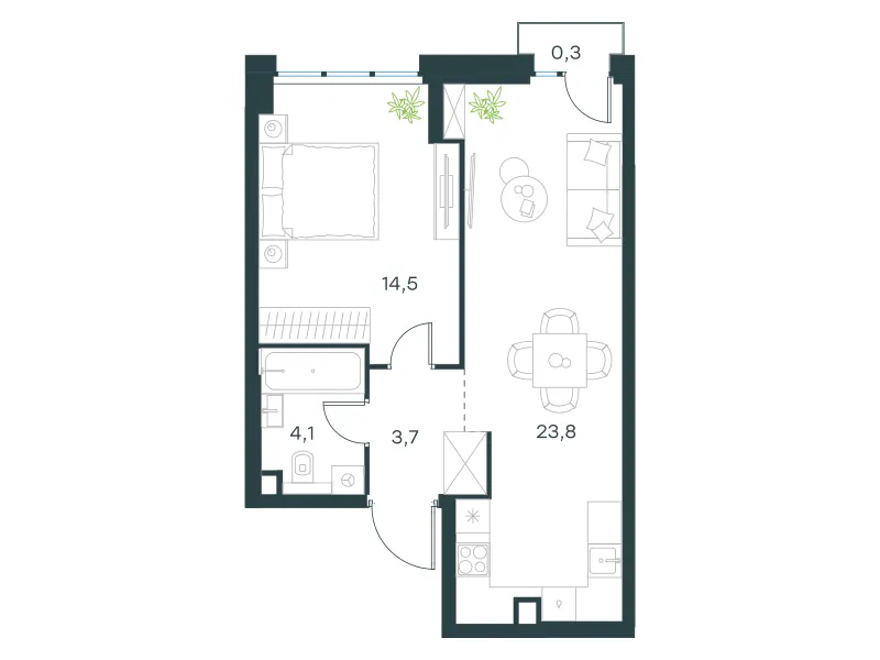 1-комн. 46.4 м²