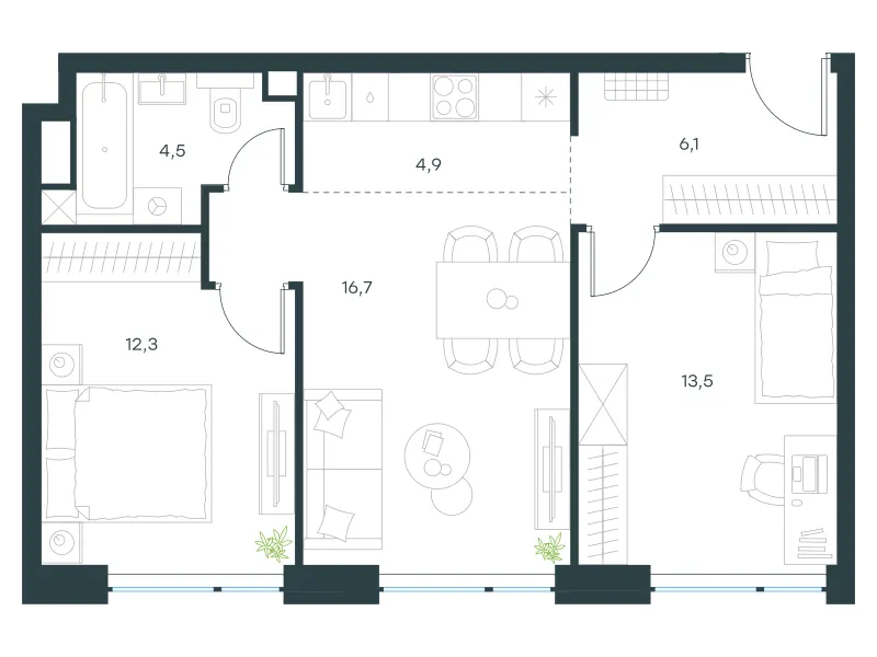 3-комн. 58.6 м²