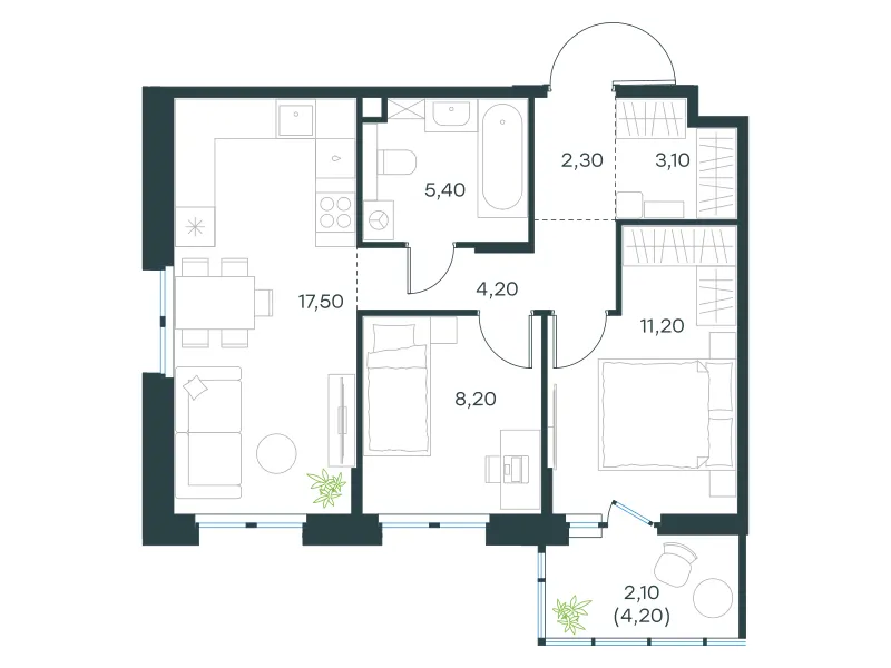 2-комн. 54 м²