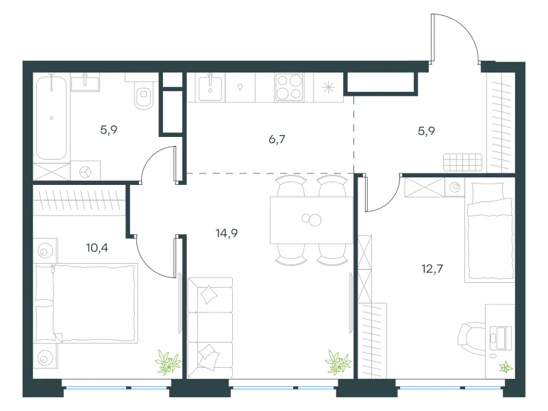 3-комн. 56.4 м²