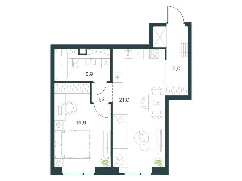 1-комн. 49 м²