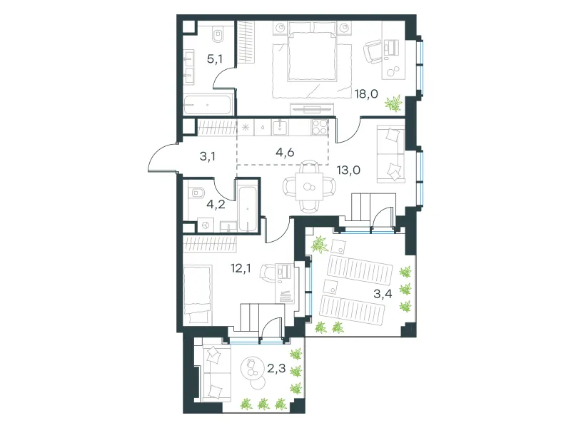 3-комн. 65.8 м²
