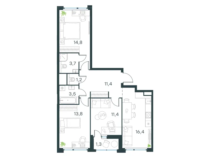 3-комн. 77.5 м²