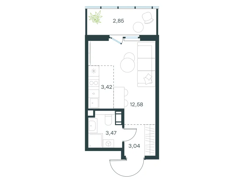 Студия 25.4 м²