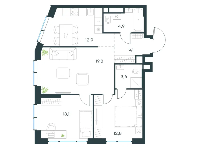 3-комн. 72.9 м²