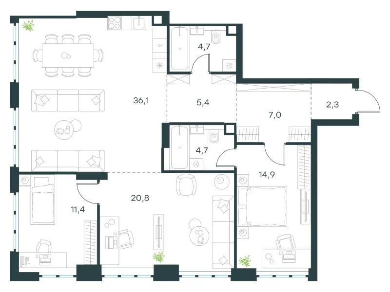 3-комн. 107.3 м²