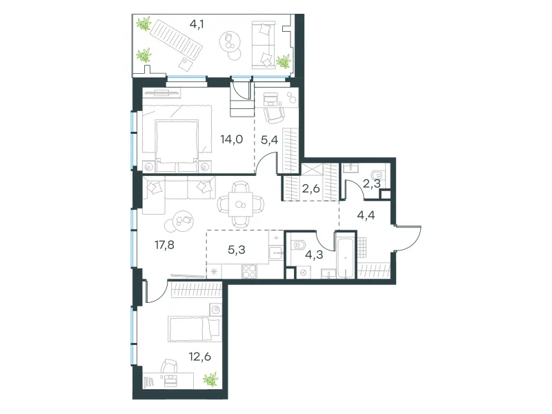 3-комн. 72.8 м²