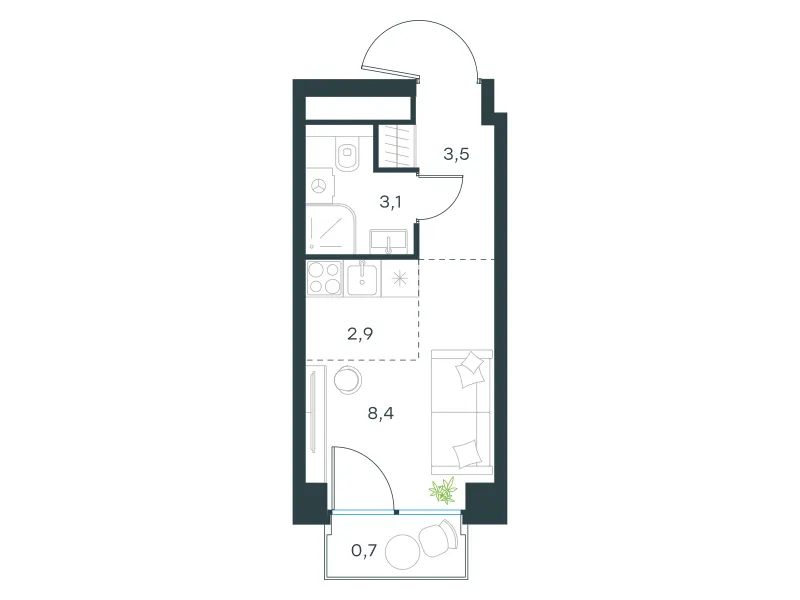 Студия 18.6 м²