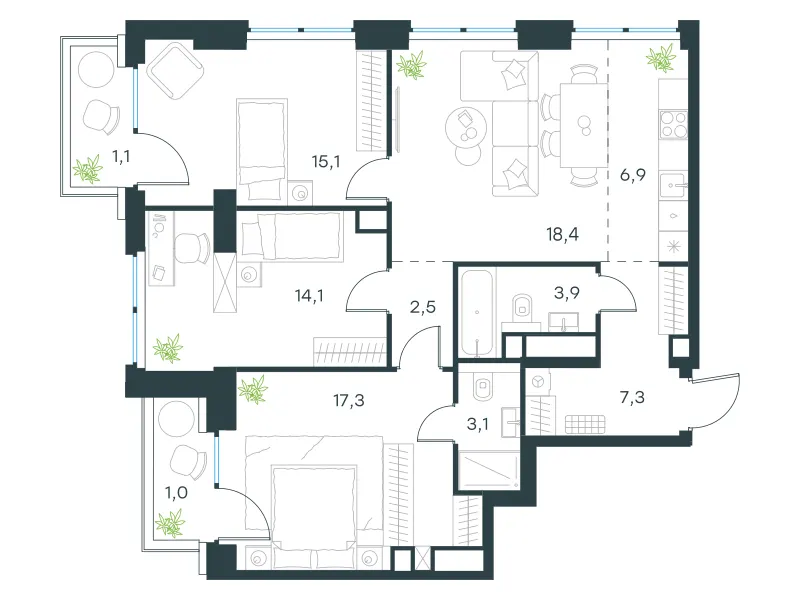4-комн. 90.7 м²