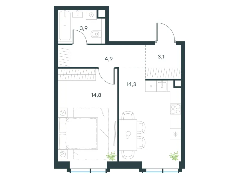 1-комн. 41 м²