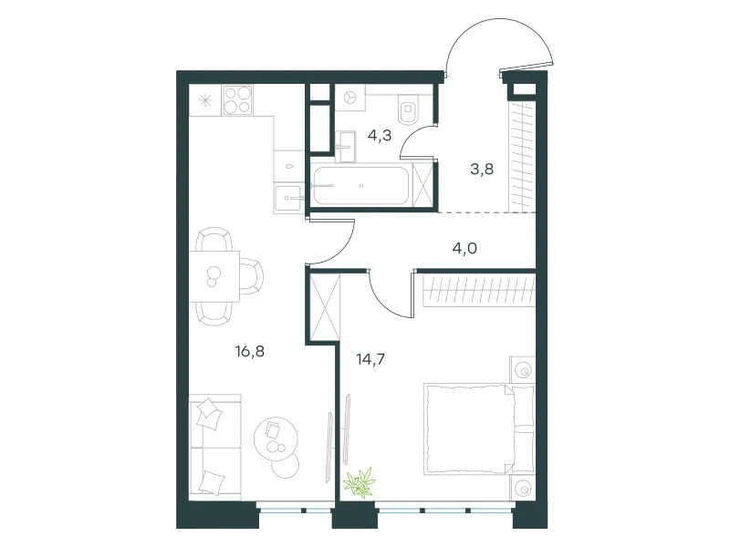 1-комн. 43.6 м²