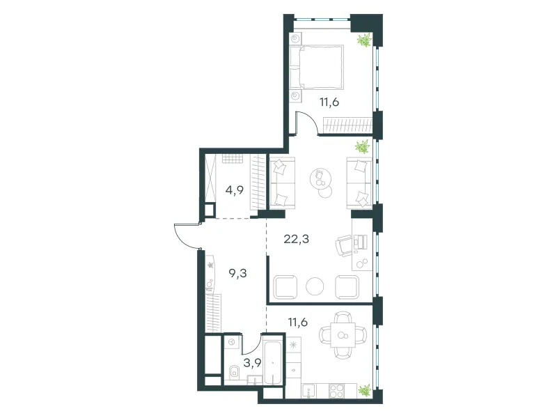 2-комн. 63.6 м²
