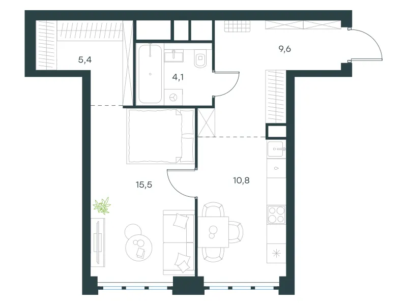 1-комн. 45.4 м²