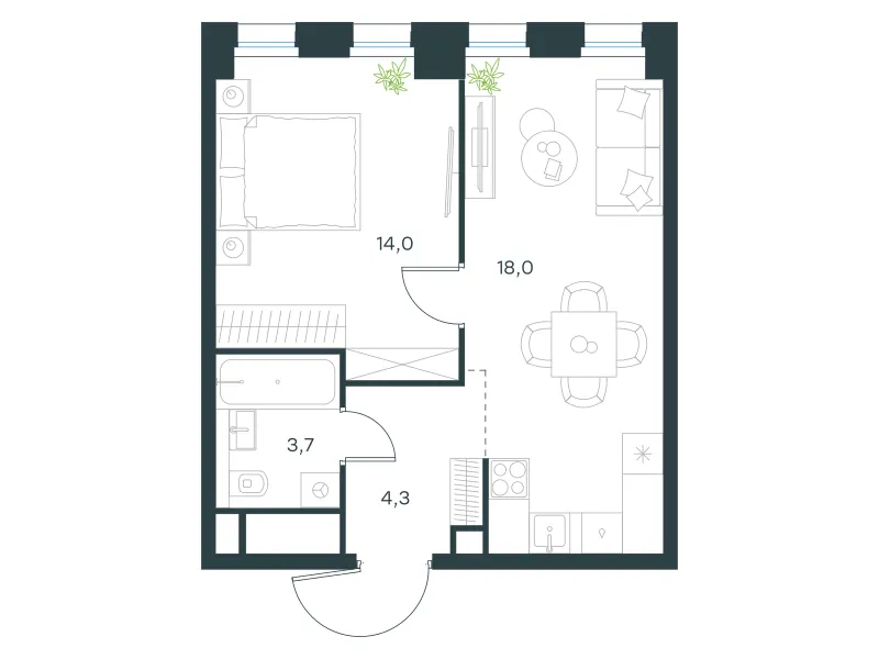 1-комн. 40 м²