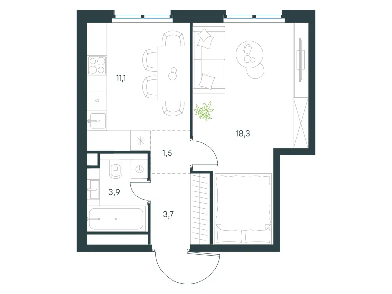 1-комн. 38.5 м²