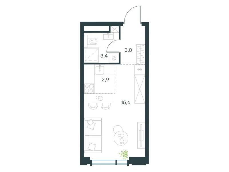 Студия 24.9 м²