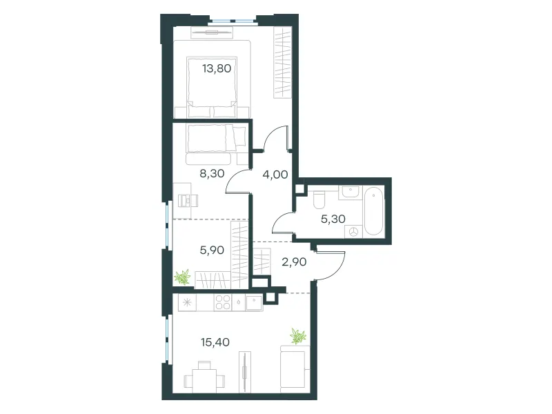 2-комн. 55.6 м²