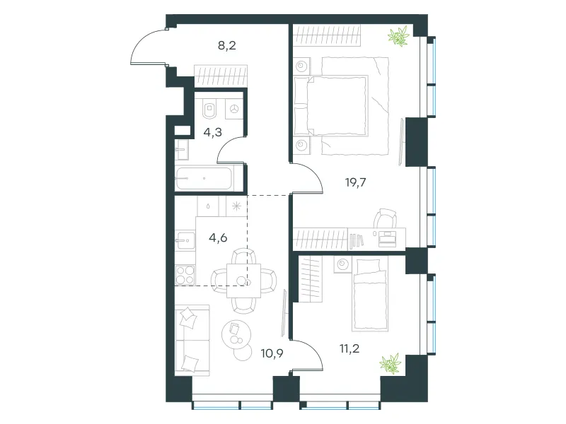 3-комн. 58.9 м²