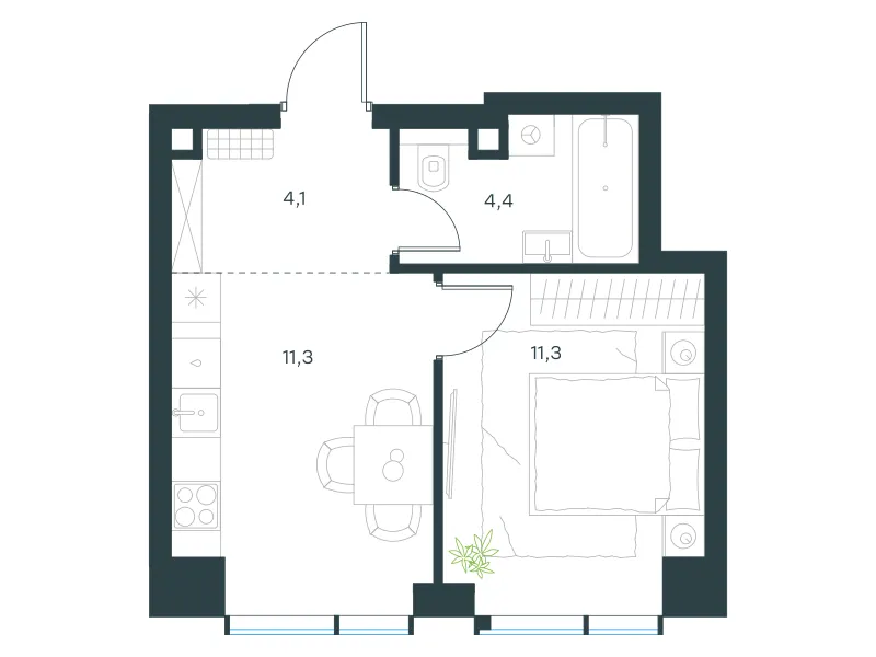 1-комн. 31.1 м²