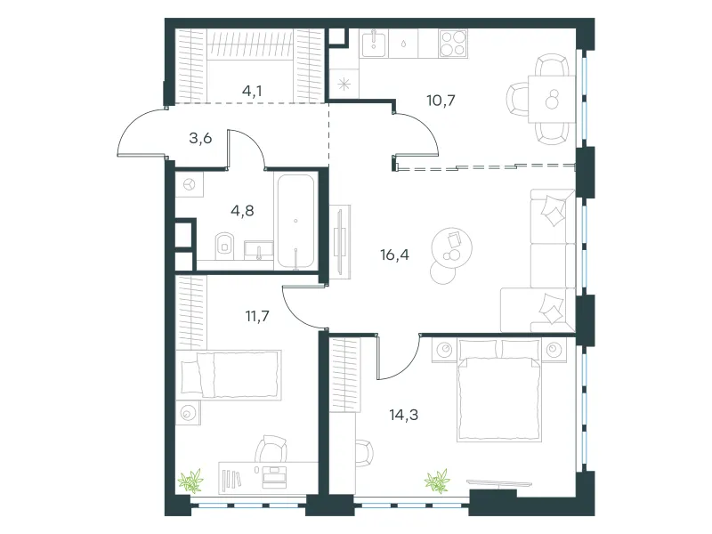 3-комн. 65.6 м²