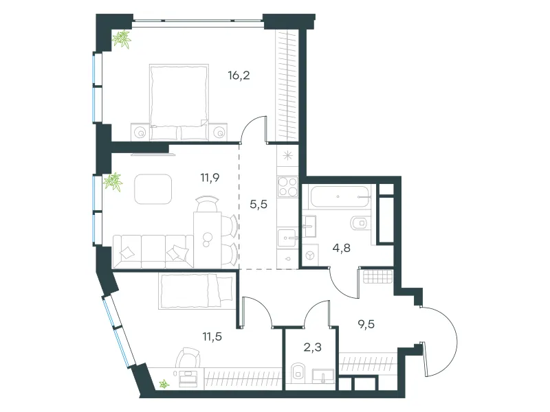 3-комн. 61.9 м²
