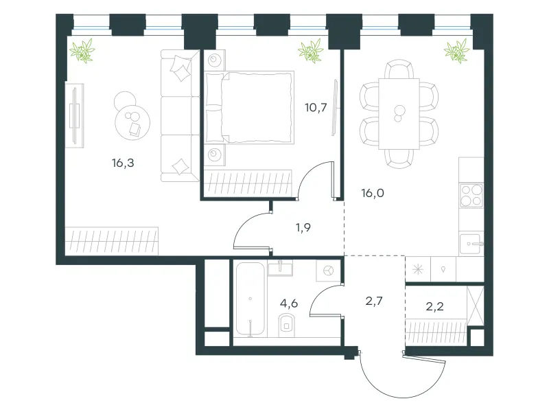 2-комн. 54.4 м²