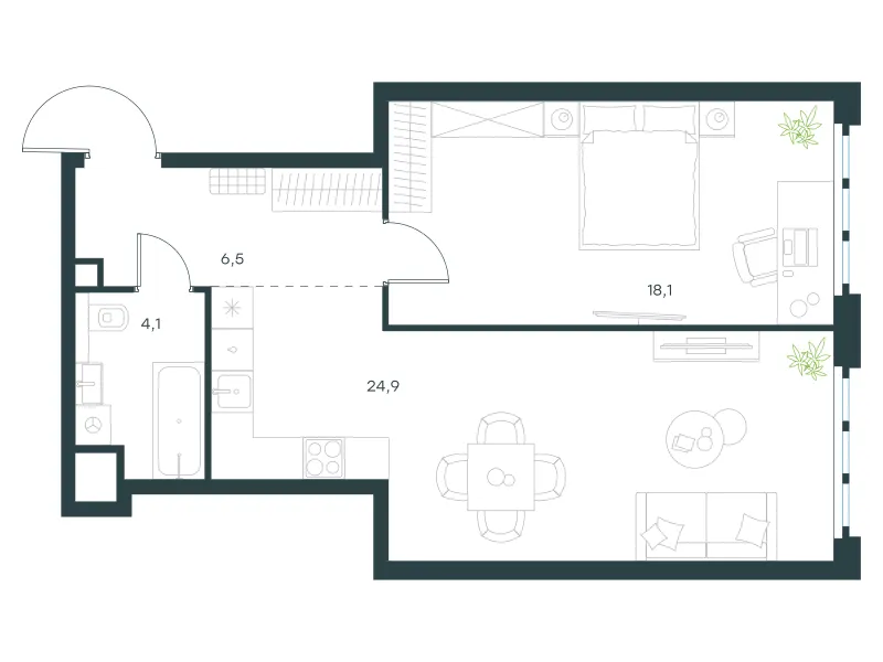 1-комн. 53.6 м²