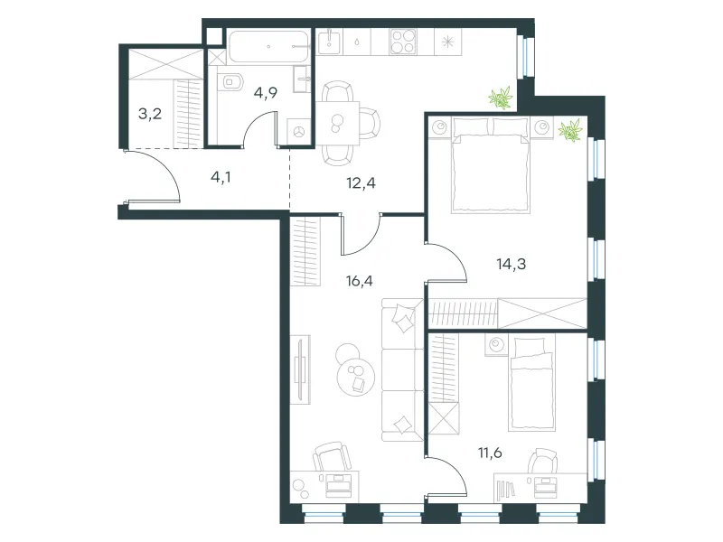 3-комн. 67 м²