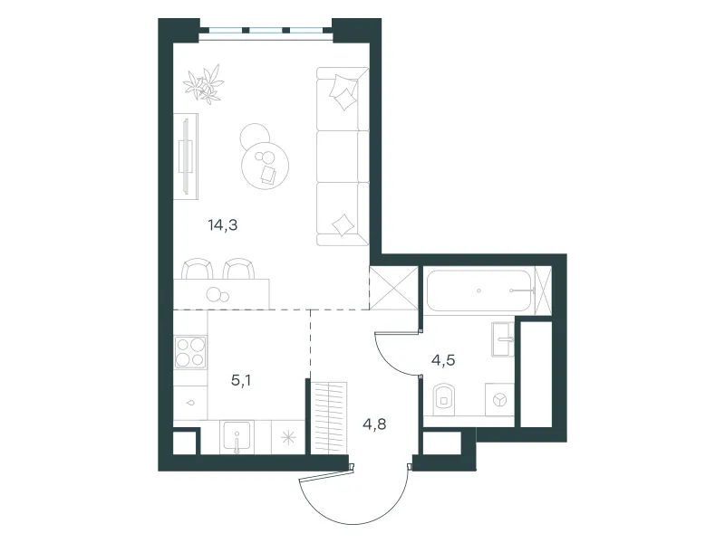 Студия 28.7 м²