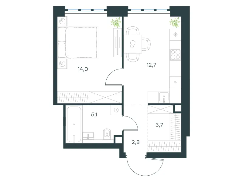 1-комн. 38.3 м²