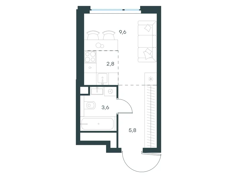 Студия 21.8 м²