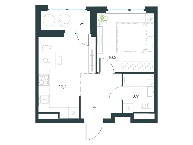 1-комн. 33.1 м²