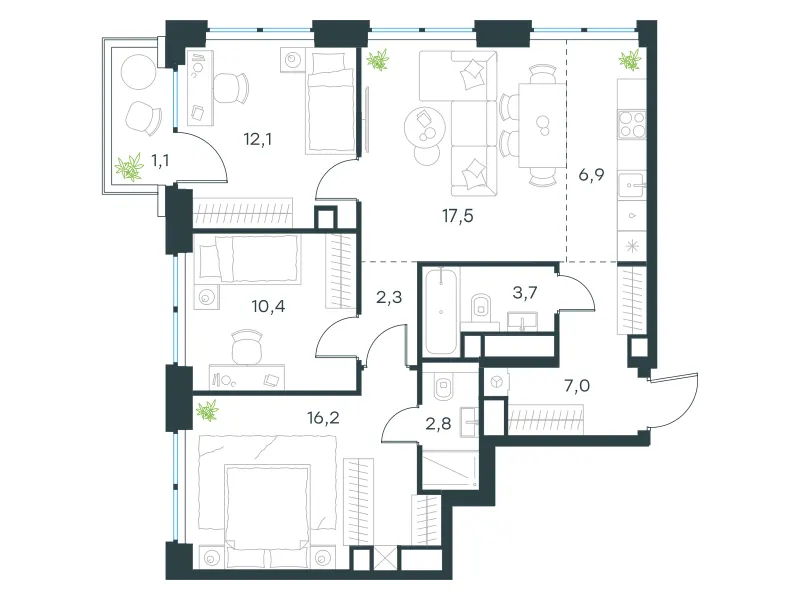 4-комн. 80 м²