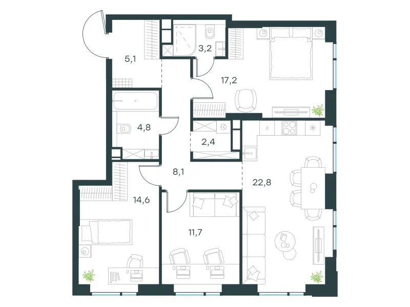 3-комн. 89.9 м²