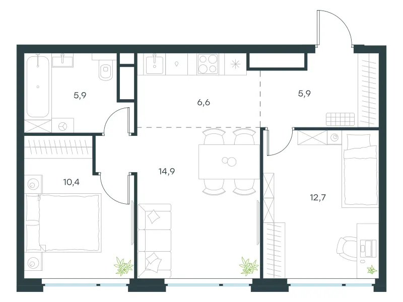3-комн. 56.4 м²