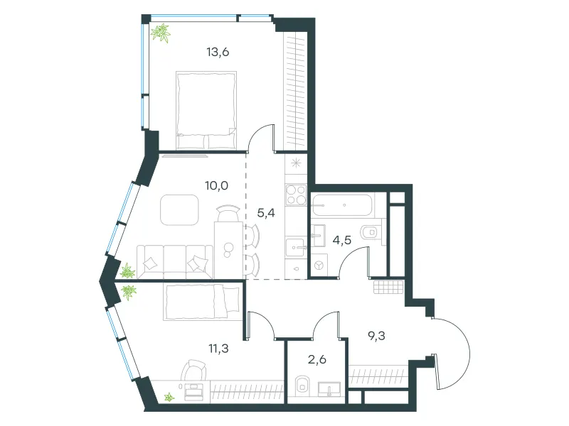 3-комн. 57.2 м²