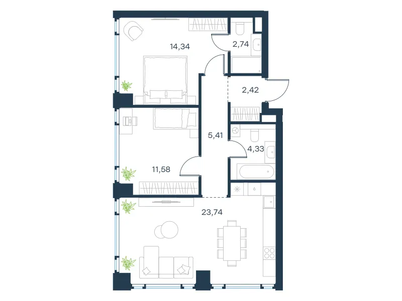 2-комн. 64.6 м²