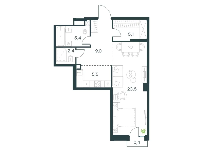 1-комн. 51.3 м²