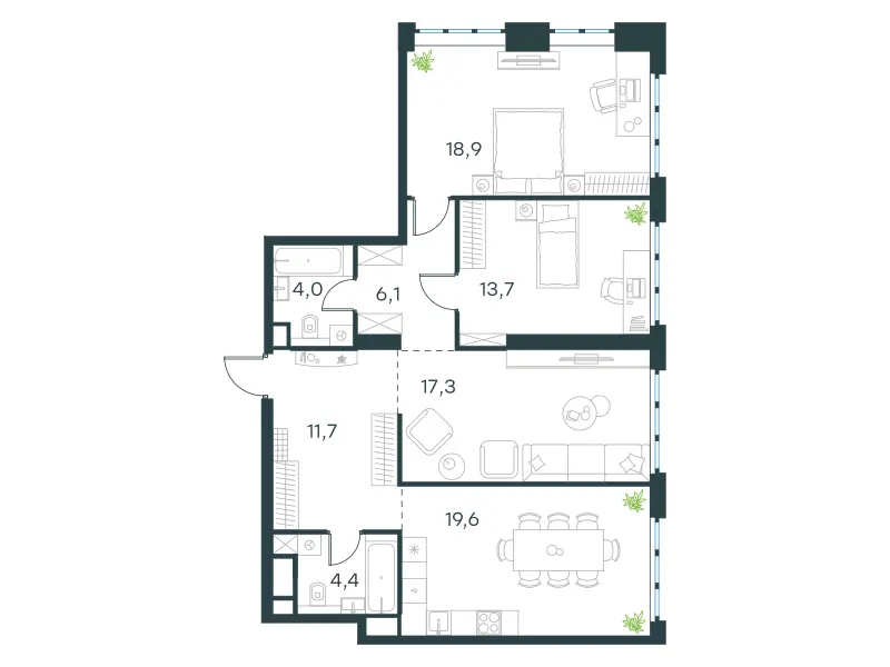 3-комн. 95.7 м²