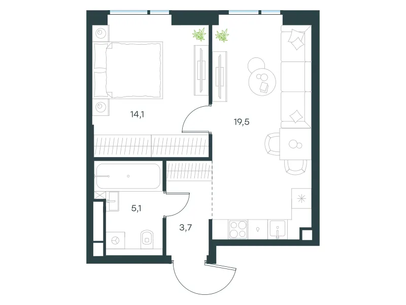1-комн. 42.4 м²